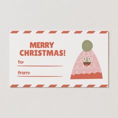 a red and white christmas gift card with a cartoon character on the front, merry christmas to you from