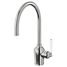 a chrome faucet with the handle extended