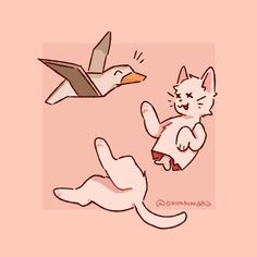 an image of a cat flying next to a paper bird and another animal that is floating in the air