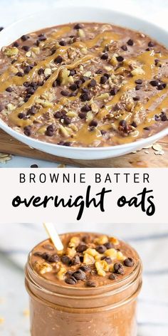 brownie batter overnight oats in a glass jar and topped with chocolate chips on top