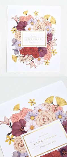 two wedding cards with flowers on them, one in gold and the other in red