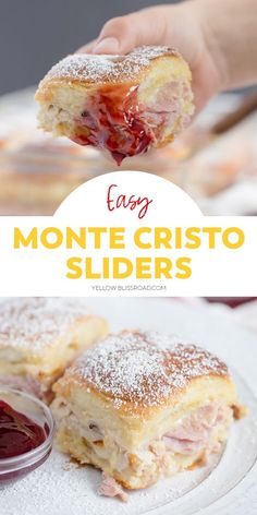 a close up of a pastry with powdered sugar on top and the words easy monte cristo sliders above it