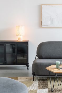 a living room with a gray couch and coffee table