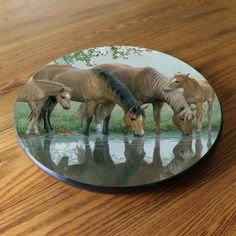 three horses drinking water from a pond on a wooden table with wood grain flooring