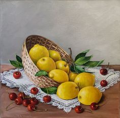 a painting of lemons and cherries in a basket