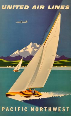 an advertisement for the united air lines shows a sailboat with two people on it