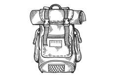 a drawing of a backpack with straps on the front and back side, in black and white