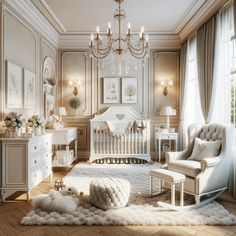 an elegant baby's room with chandelier and furniture