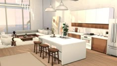 an artist's rendering of a modern kitchen and living room