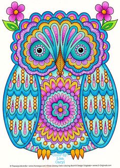 an owl with flowers on it's head is shown in this colorful coloring page