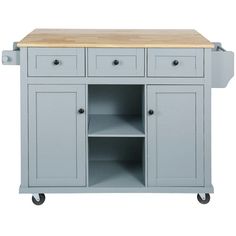 a grey kitchen island with two drawers and one door on the side, in front of a white background