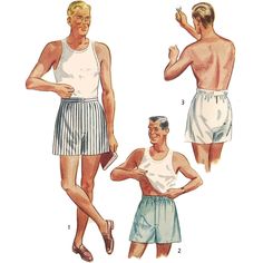 MEN'S SHORTS, FATHER AND SON FASHION: View 1 shorts have soft pleats on each side of center front and a fly front opening. The upper edge of back is gathered into an adjustable waistband and fastened with buttons in front. The front and back of View 2 shorts are stitched to elastic webbing which fits snugly at the waist. Offered here as: Digital Download (how to print and assemble). This pattern is also available as a Paper Pattern, click here: https://www.etsy.com/your/shops/VintagePatternsSewB Boxer Shorts Pattern, Vintage Boxer, 1950s Patterns, 1950s Sewing Patterns, Beginner Sewing Patterns, Mens Boxer Shorts, Couture Vintage, Paper Pattern, Short Waist