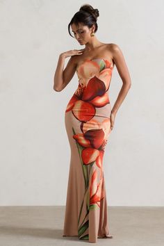 Ceremony Orange and Mocha Floral Bandeau Fishtail Maxi Dress – Club L London - USA Fishtail Maxi Dress, Understated Glamour, Orange Amp, Orange Floral Print, Club L London, Black Dress Prom, Fishtail Skirt, Strapless Neckline, Party Dress Long Sleeve