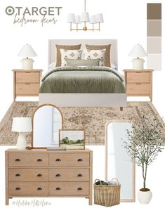 a bedroom is shown with neutrals and whites