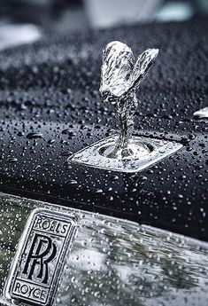 a close up of the hood ornament on a black car with water droplets