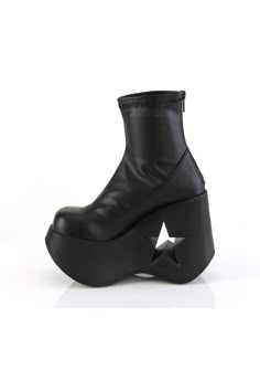 5" Star Cutout Platform Wedge Ankle Boot, Back Zipper - Fit Guide: True to Size - Heel Height: 5" Platform - Brand: Demonia - Shown in Women's Sizes - Country of Origin: Imported Shoes With Stars, Star Heels, Shoes Png, Black Platform Shoes, Funky Shoes, Weird Fashion, Wedge Ankle Boots, Shoe Inspo, Cute Boots