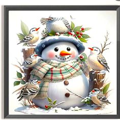 a painting of a snowman surrounded by birds