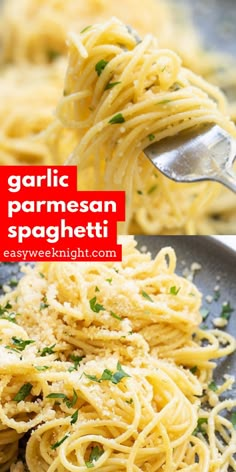 garlic parmesan spaghetti is being served on a plate