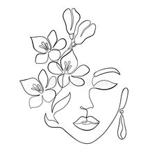 a line drawing of a woman's face with flowers in her hair and earrings