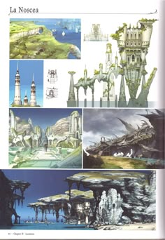 an illustrated book with pictures of buildings and other things in it, including the ocean