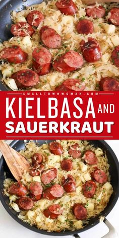 kielbasa and sauerkraut in a skillet with text overlay