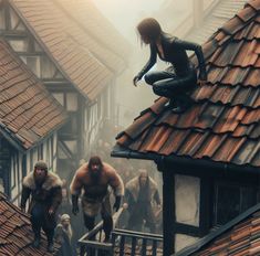 a group of people standing on top of roofs next to each other in the fog