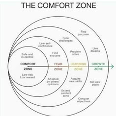 the comfort zone diagram with four circles labeled in different colors and words on each side