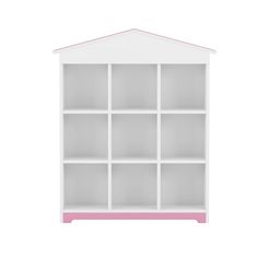 a white bookcase with pink trim on the top and bottom shelf, it is empty