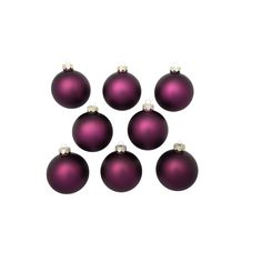 six purple christmas ornaments on a white background