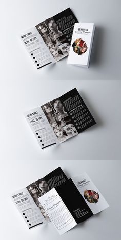 three folded brochures with black and white designs