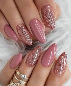 24pc Almond Press-on Nails Set in Pink With Pink Sparkly Accent Nails - Etsy South Africa Mauve Nails, Glitter Manicure, Colorful Nails, Modern Nails, Fake Nail, Trendy Nail Art, Diy Slime, Fancy Nails