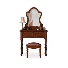 a wooden vanity with a mirror and stool on it's side, against a white background