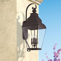 an outdoor light on the side of a building with pink flowers in the foreground