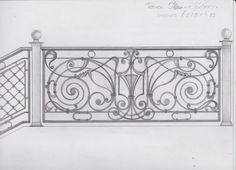 a drawing of a balcony railing with wrought iron work on the top and bottom part