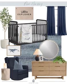 a baby's nursery with blue and white decor, including a crib, chair, dresser, mirror, lamp, and pictures on the wall