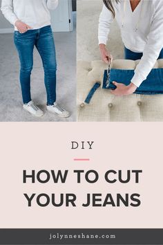 I've had a ton of questions about how to cut your jeans for a DIY raw hem, so I finally got around to making a video about it. I'm also talking about how to determine the right length of jeans for you. Click through for pictures and instructions! Raw Hem Jeans Diy, Raw Hem Jeans Outfit, Frayed Jeans Diy, Denim Recycling, Cut Up Jeans, Folding Jeans, Jolynne Shane, Diy For Men, Mom Jeans Shorts