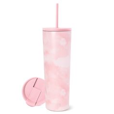 a pink tumbler cup with a lid and straw in the shape of clouds on it