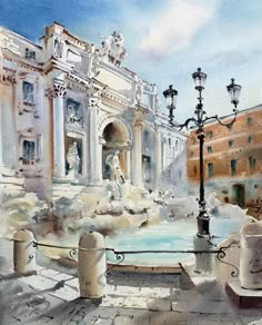 a painting of a fountain in front of a building