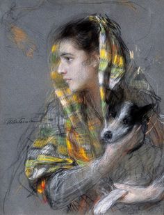 a drawing of a woman holding a dog in her arms and wearing a scarf over her head