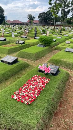 a cemetery with many headstones and flowers in the grass