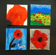 four paintings with poppies in them on a black surface, one is red and the other two are blue