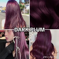 Violet Hair Ideas, Dark Purple Red Hair Burgundy, Dark Violet Highlights, Grape Hair Color Dark Purple, Dark Hair Color Ideas One Color, Medium Plum Hair, Purple Hair Shades, Purple Highlights Dark Hair, Cool Tone Purple Hair