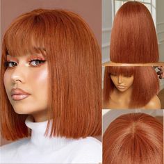 PRICES MAY VARY. 💋Straight Human Hair Bob Wig with Bangs: Realistic Scalp Minimalist Undetectable Lace on Top, More Lightweight and Comfortable Than Other Wig Caps. 💋Bob Wig Human Hair: Unprocessed Brazilian Virgin Straight Human Hair Short Bob Wigs with Bangs, Glueless Machine Made Wigs ,Hair Cut From Young Donor，180% Density Non Lace Front Wig for Women. 💋Wig Cap：Medium Cap 22-22.5inch (Average Cap Size).With Combs and Adjustment Straps Can be Intertwined to A Fixed Position ,and Can Be Adj Ginger Bob Wig, Ginger Bob, Bob Wig With Bangs, Hair For Women, Hair Bob, Wigs Hair, Wig Caps, Wigs Human Hair, Wig With Bangs