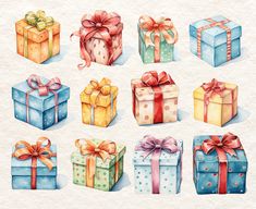 watercolor gift boxes with bows and ribbons