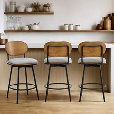 three stools in front of a kitchen counter