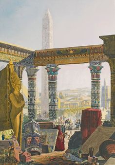 a painting of an egyptian city with columns and statues