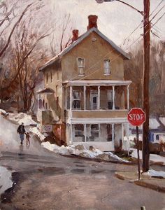 a painting of a stop sign in front of a house with snow on the ground