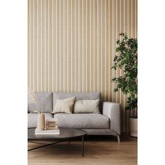 a couch and table in front of a wall with vertical blinds