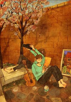 an image of a man sitting on the ground next to a tree holding a guitar