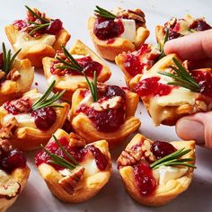 small appetizers with cranberry sauce, cheese and nuts are being held by someone's hand